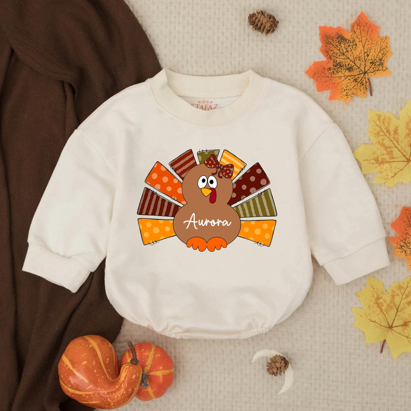 Adorable Turkey Baby Girl Bubble Romper with Custom Name, First Thanksgiving Outfit, Fall Toddler Gift for Autumn Celebrations