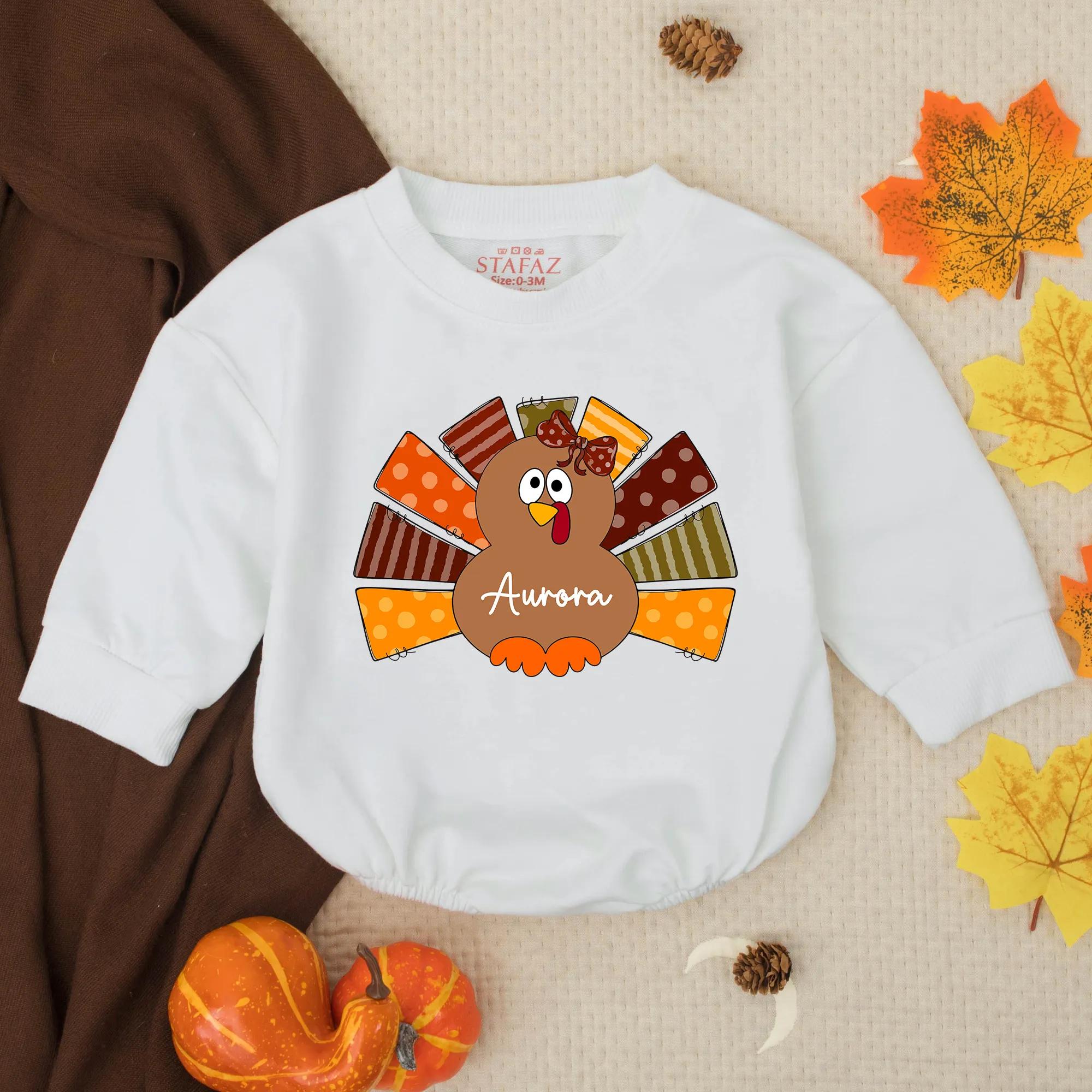 Adorable Turkey Baby Girl Bubble Romper with Custom Name, First Thanksgiving Outfit, Fall Toddler Gift for Autumn Celebrations