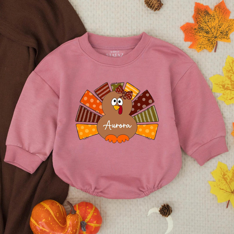 Adorable Turkey Baby Girl Bubble Romper with Custom Name, First Thanksgiving Outfit, Fall Toddler Gift for Autumn Celebrations