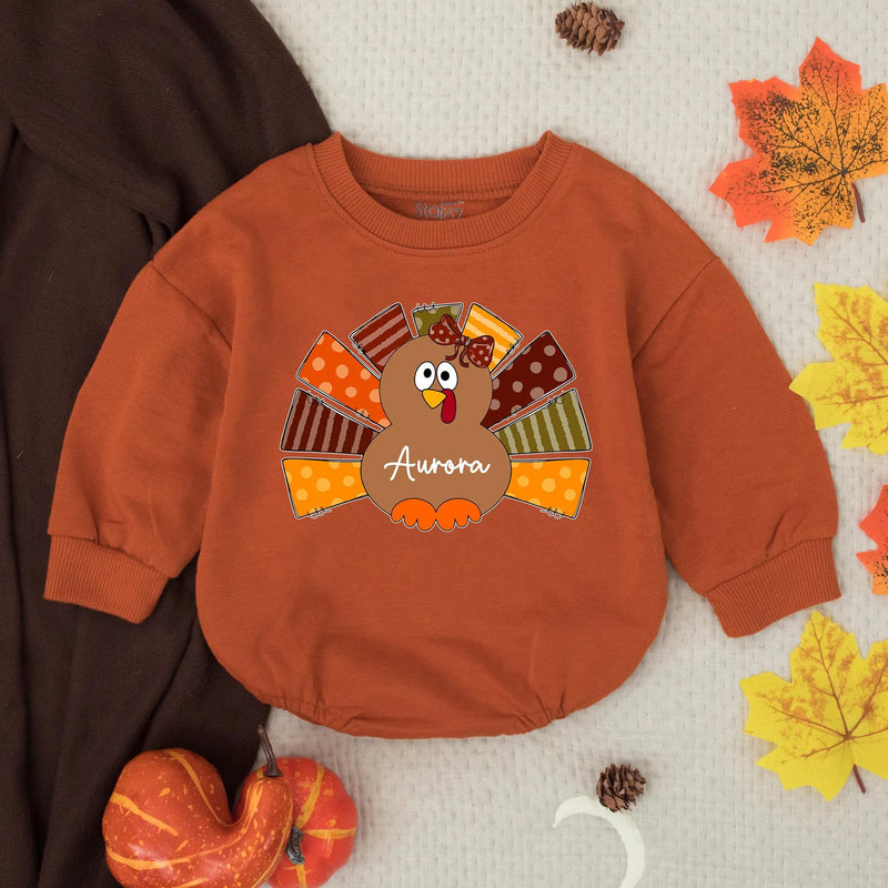 Adorable Turkey Baby Girl Bubble Romper with Custom Name, First Thanksgiving Outfit, Fall Toddler Gift for Autumn Celebrations
