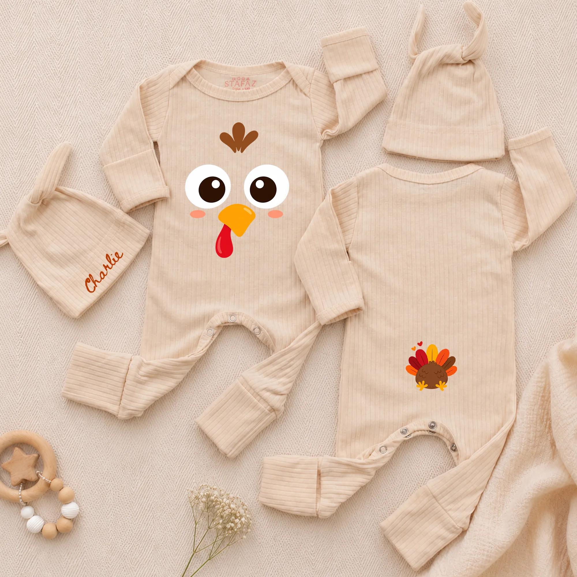 Adorable Turkey Face Baby Bodysuit and Hat Set with Custom Name, Funny Thanksgiving Outfit for Newborns, Cute Baby Shower Gift