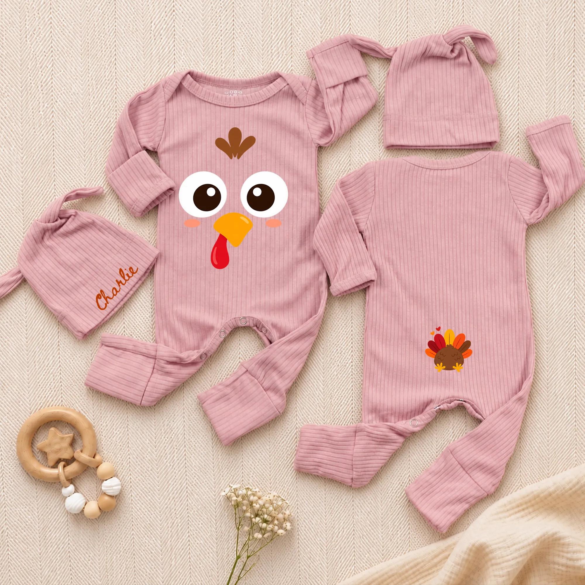 Adorable Turkey Face Baby Bodysuit and Hat Set with Custom Name, Funny Thanksgiving Outfit for Newborns, Cute Baby Shower Gift