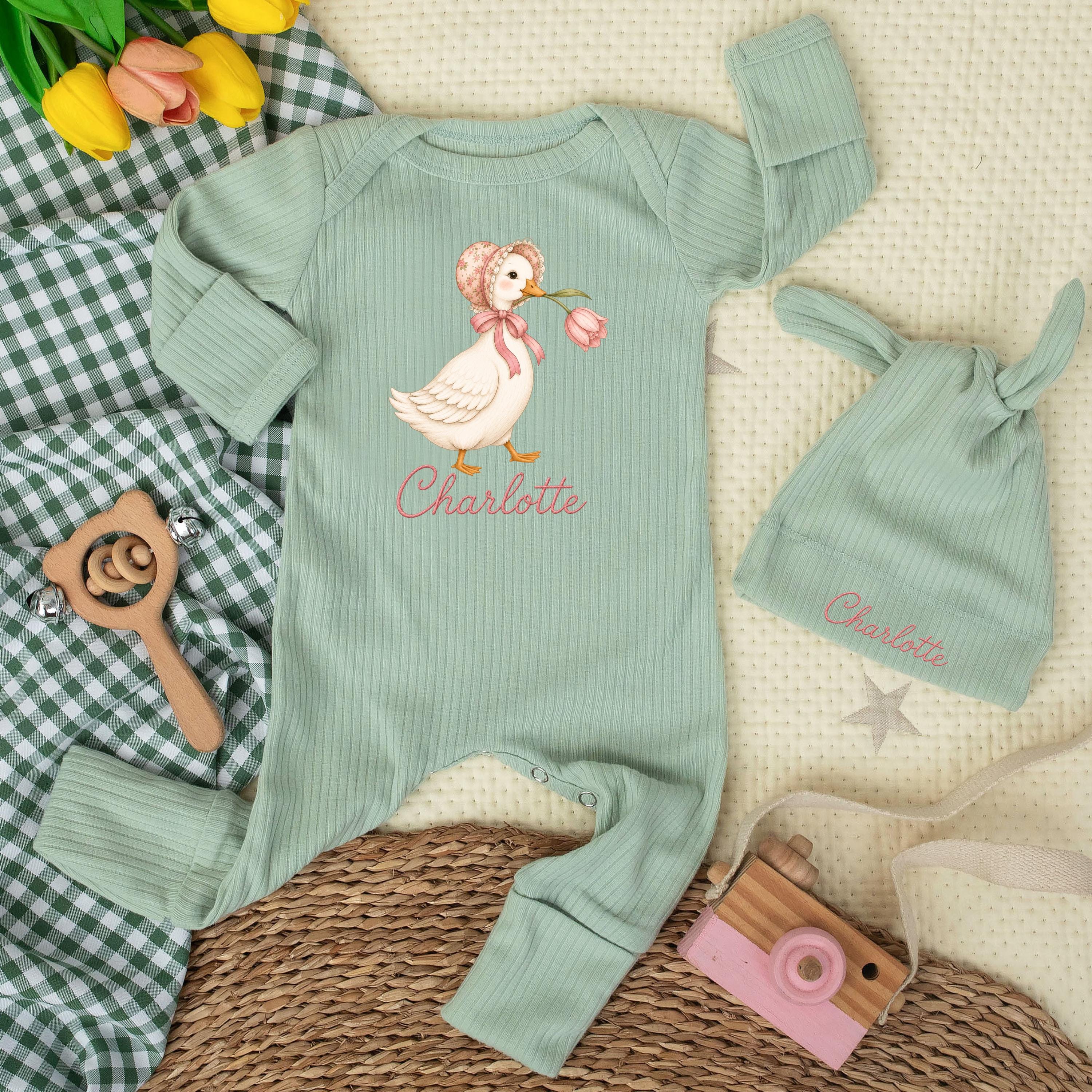 Adorable Watercolor Goose Baby Romper with Custom Name and Matching Hat, Soft Green Newborn Outfit, Perfect Baby Shower Gift