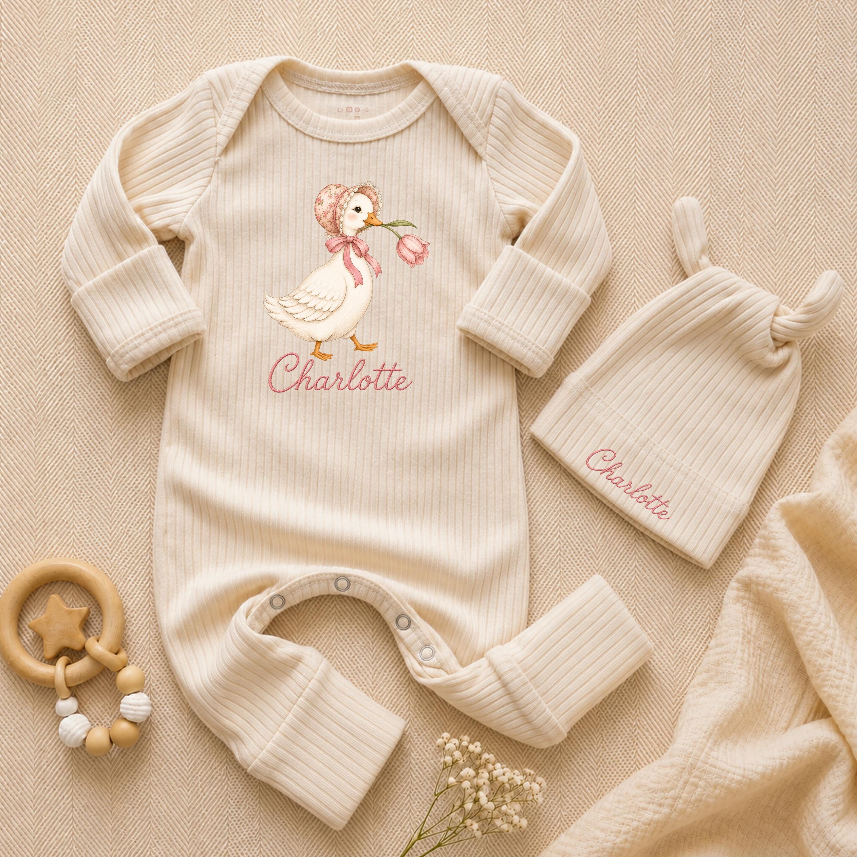 Adorable Watercolor Goose Baby Romper with Custom Name and Matching Hat, Soft Green Newborn Outfit, Perfect Baby Shower Gift