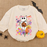 Adorable White Cat Ghost Baby Romper with Pumpkin and Flowers Perfect Halloween Newborn Outfit for First Holiday or Baby Shower Gift
