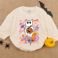 Adorable White Cat Ghost Baby Romper with Pumpkin and Flowers Perfect Halloween Newborn Outfit for First Holiday or Baby Shower Gift