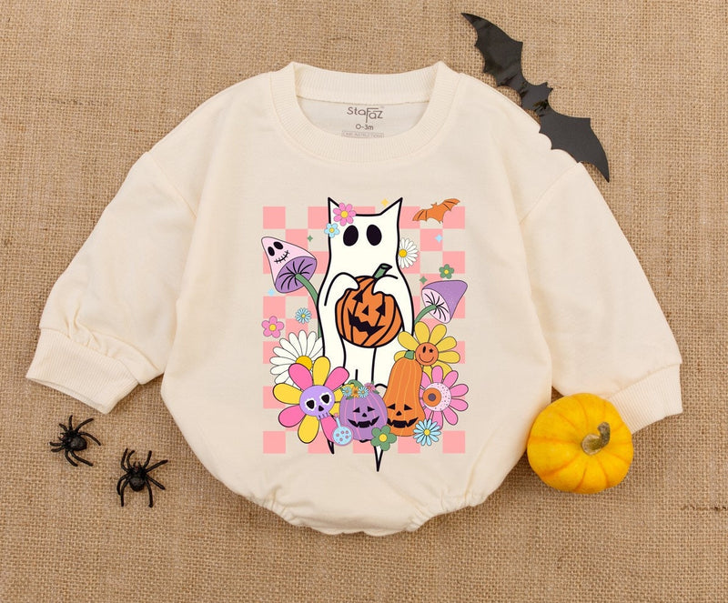 Adorable White Cat Ghost Baby Romper with Pumpkin and Flowers Perfect Halloween Newborn Outfit for First Holiday or Baby Shower Gift