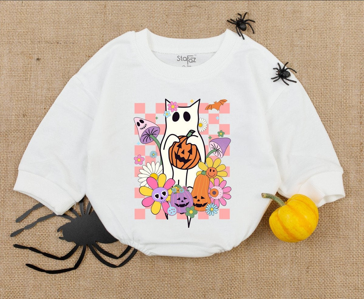 Adorable White Cat Ghost Baby Romper with Pumpkin and Flowers Perfect Halloween Newborn Outfit for First Holiday or Baby Shower Gift