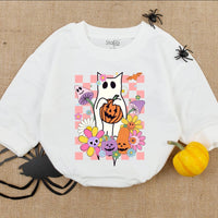 Adorable White Cat Ghost Baby Romper with Pumpkin and Flowers Perfect Halloween Newborn Outfit for First Holiday or Baby Shower Gift