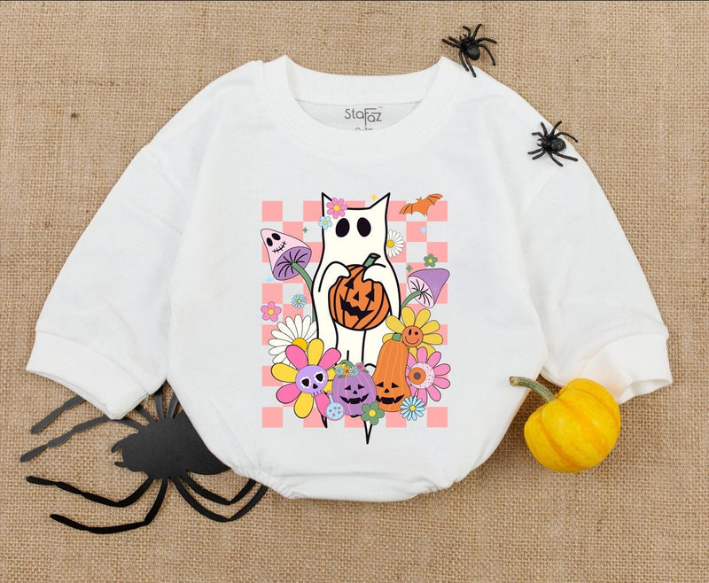 Adorable White Cat Ghost Baby Romper with Pumpkin and Flowers Perfect Halloween Newborn Outfit for First Holiday or Baby Shower Gift