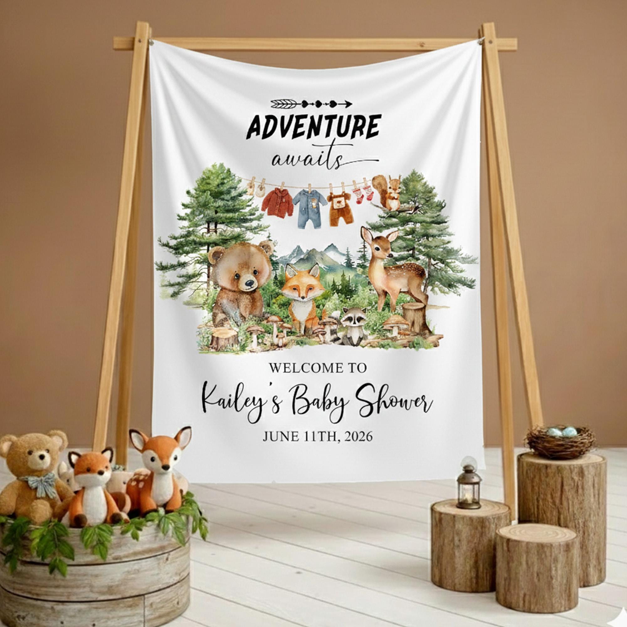 Adventure Awaits Woodland Baby Shower Silk Banner with Forest Animals, Custom Name and Date, Rustic Party Decor Backdrop