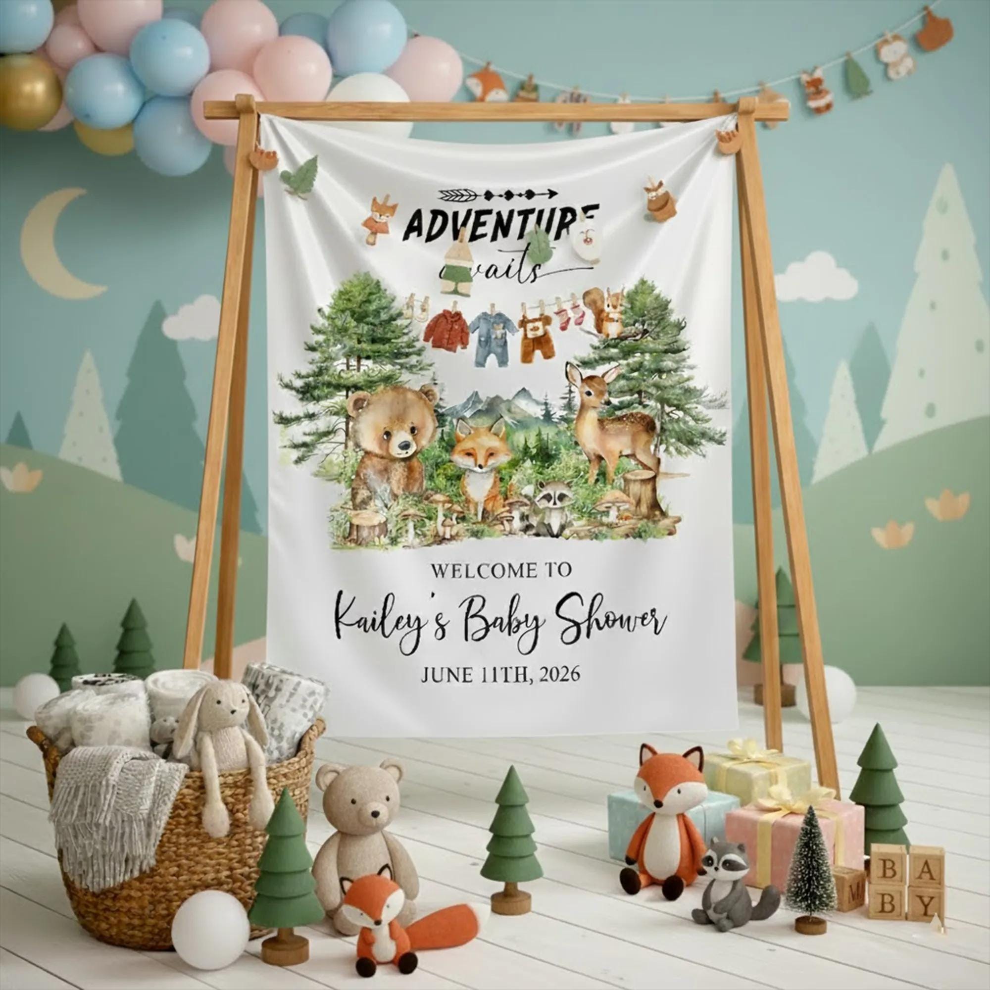 Adventure Awaits Woodland Baby Shower Silk Banner with Forest Animals, Custom Name and Date, Rustic Party Decor Backdrop