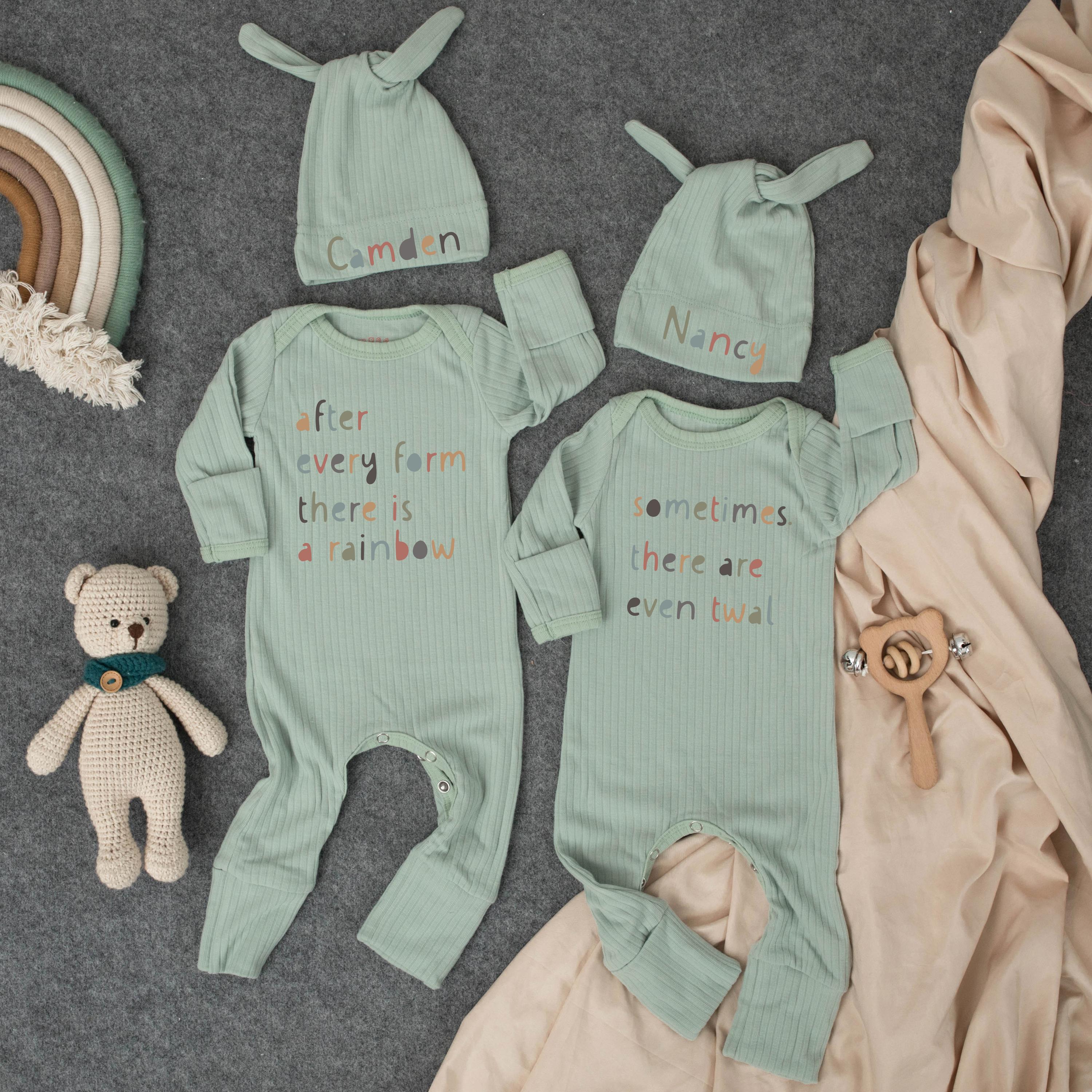 After Every Form Rainbow Twin Baby Rompers with Custom Name Hats, Neutral Newborn Coming Home Set, Matching Twin Baby Gift
