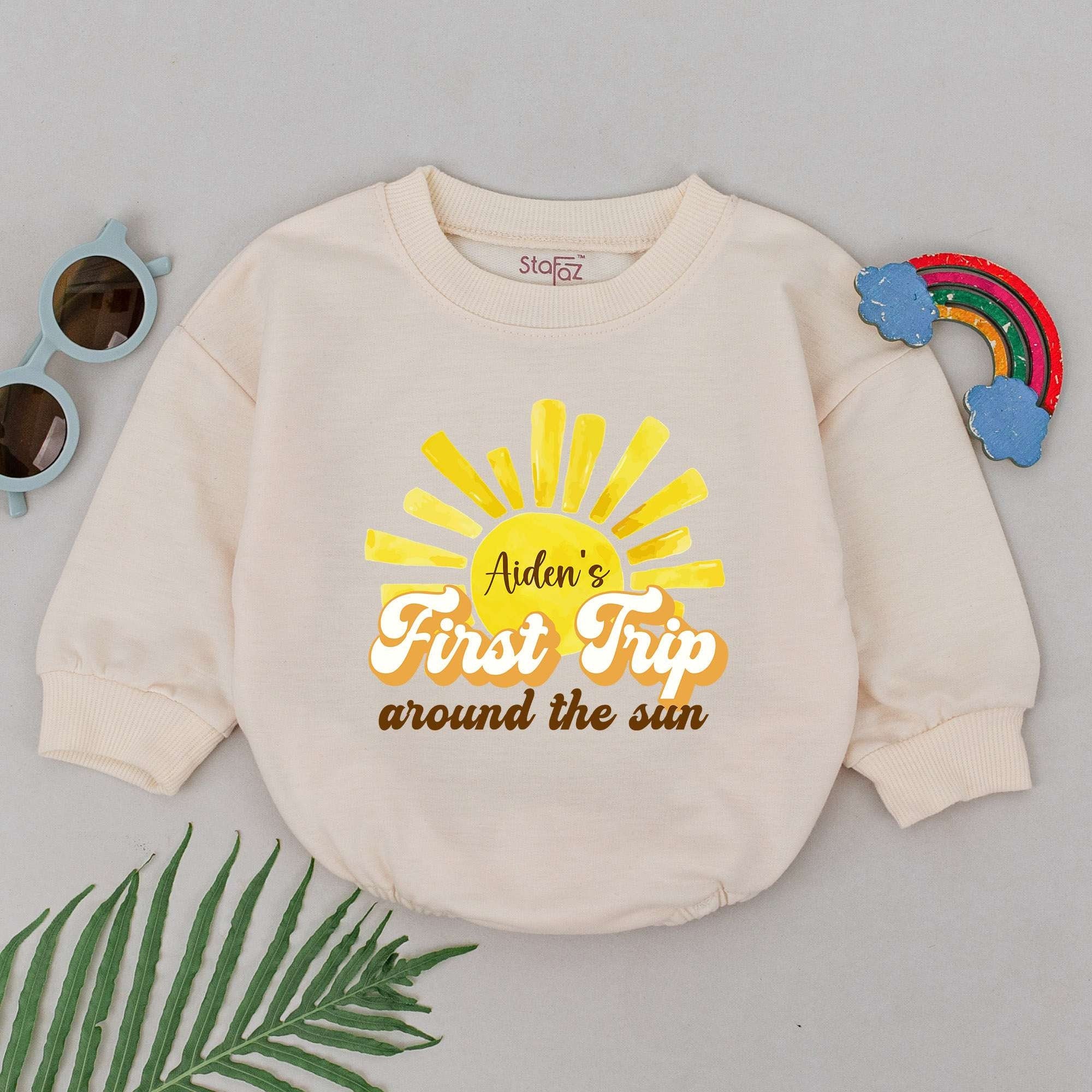 Aiden's First Trip Around the Sun Baby Romper Personalized 1st Birthday Outfit for Boys Soft Cotton Yellow Design Celebration Clothes