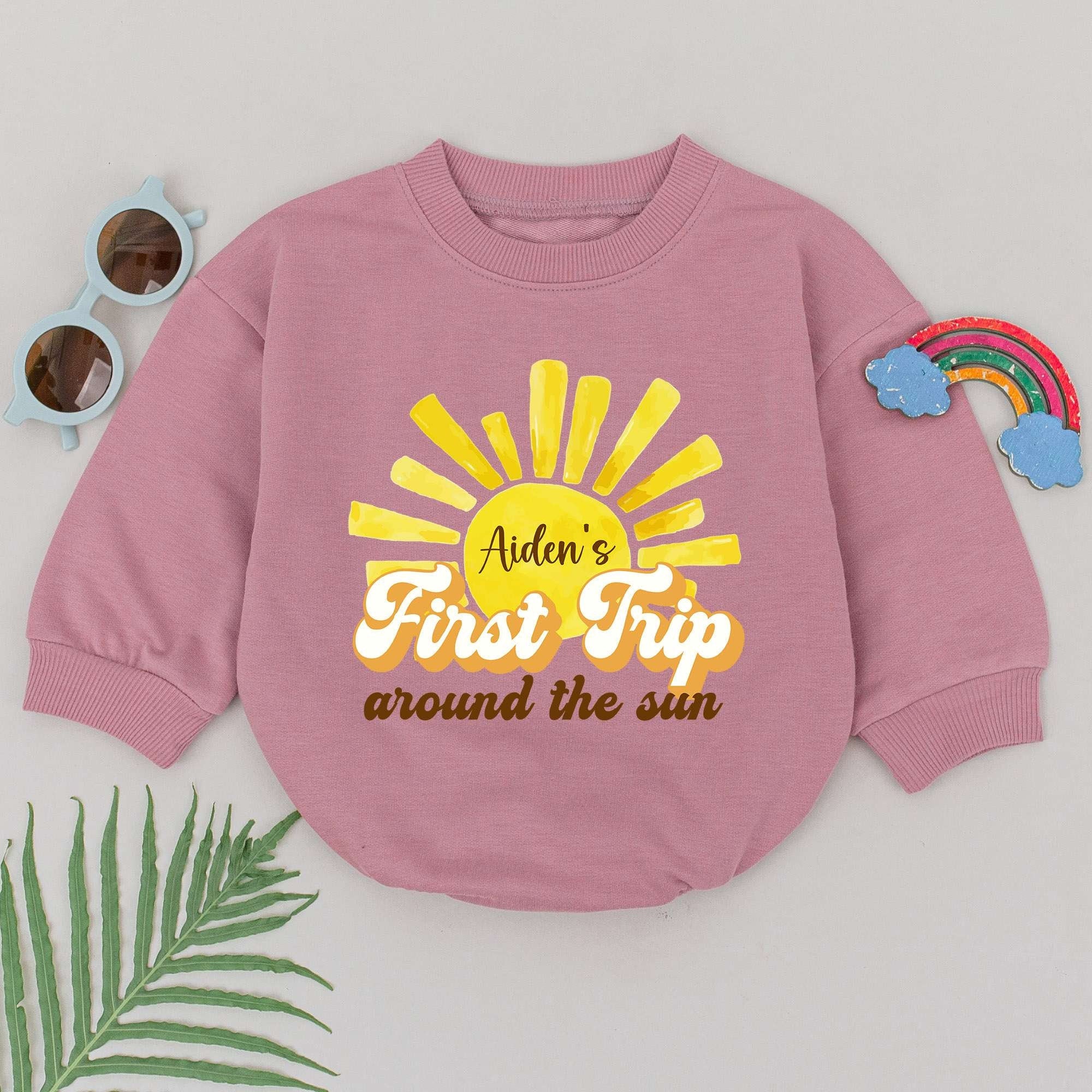 Aiden's First Trip Around the Sun Baby Romper Personalized 1st Birthday Outfit for Boys Soft Cotton Yellow Design Celebration Clothes