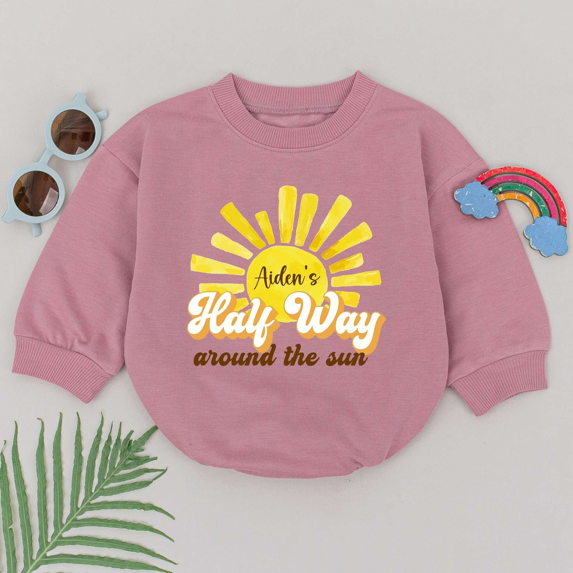 Aiden's Half Way Around the Sun Baby Romper Birthday Outfit for Boys Girls Vibrant Yellow Cotton Soft Comfortable 6 Months Gift