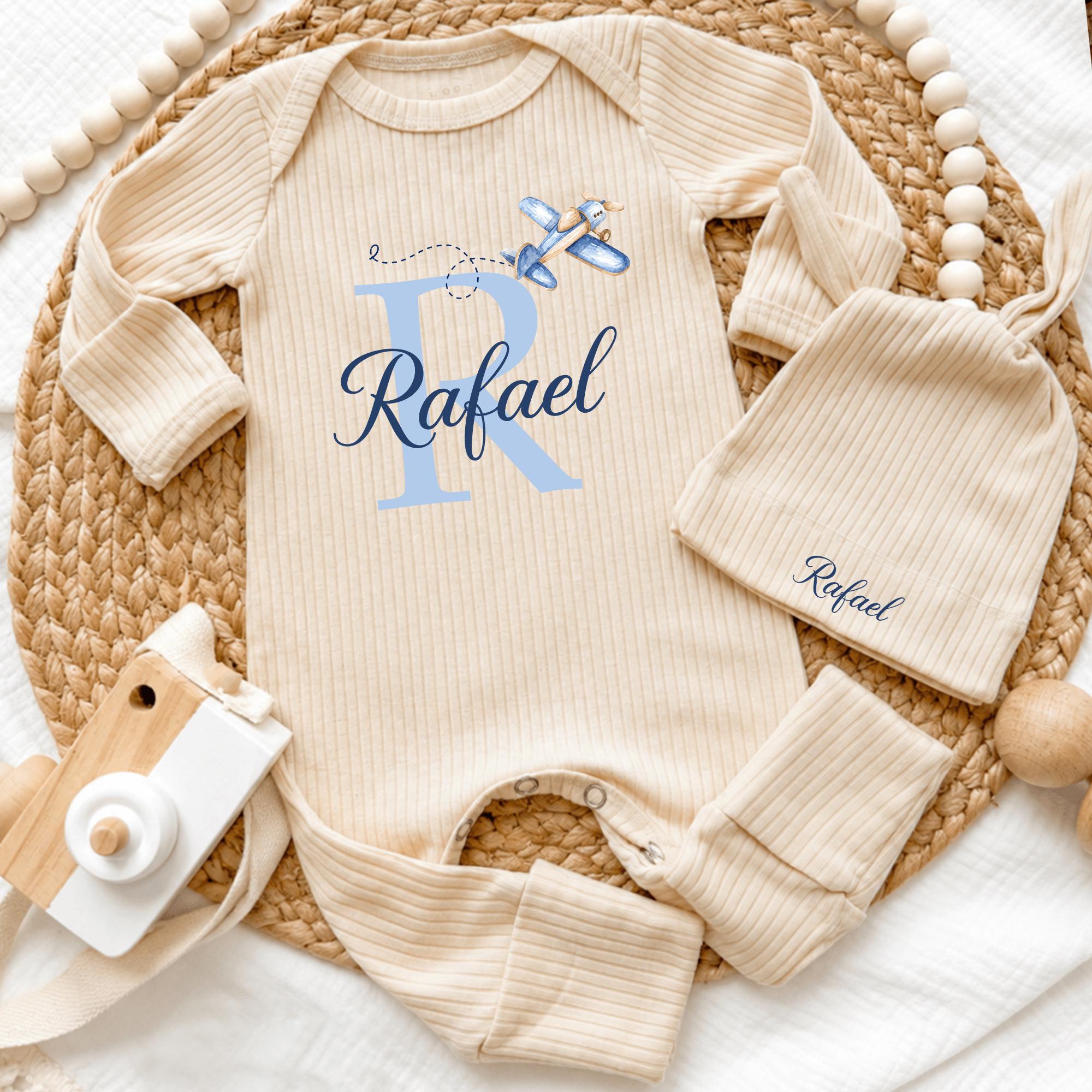 Airplane Monogram Baby Boy Bodysuit and Hat Set with Custom Name, Newborn Coming Home Outfit, Pilot-Themed Baby Shower Gift