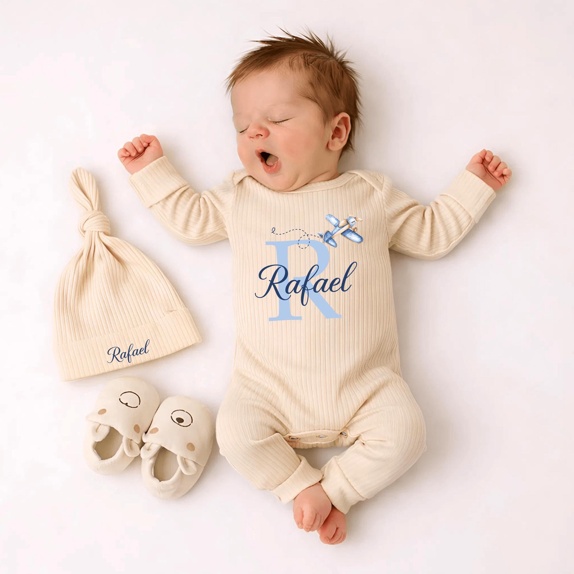 Airplane Monogram Baby Boy Bodysuit and Hat Set with Custom Name, Newborn Coming Home Outfit, Pilot-Themed Baby Shower Gift