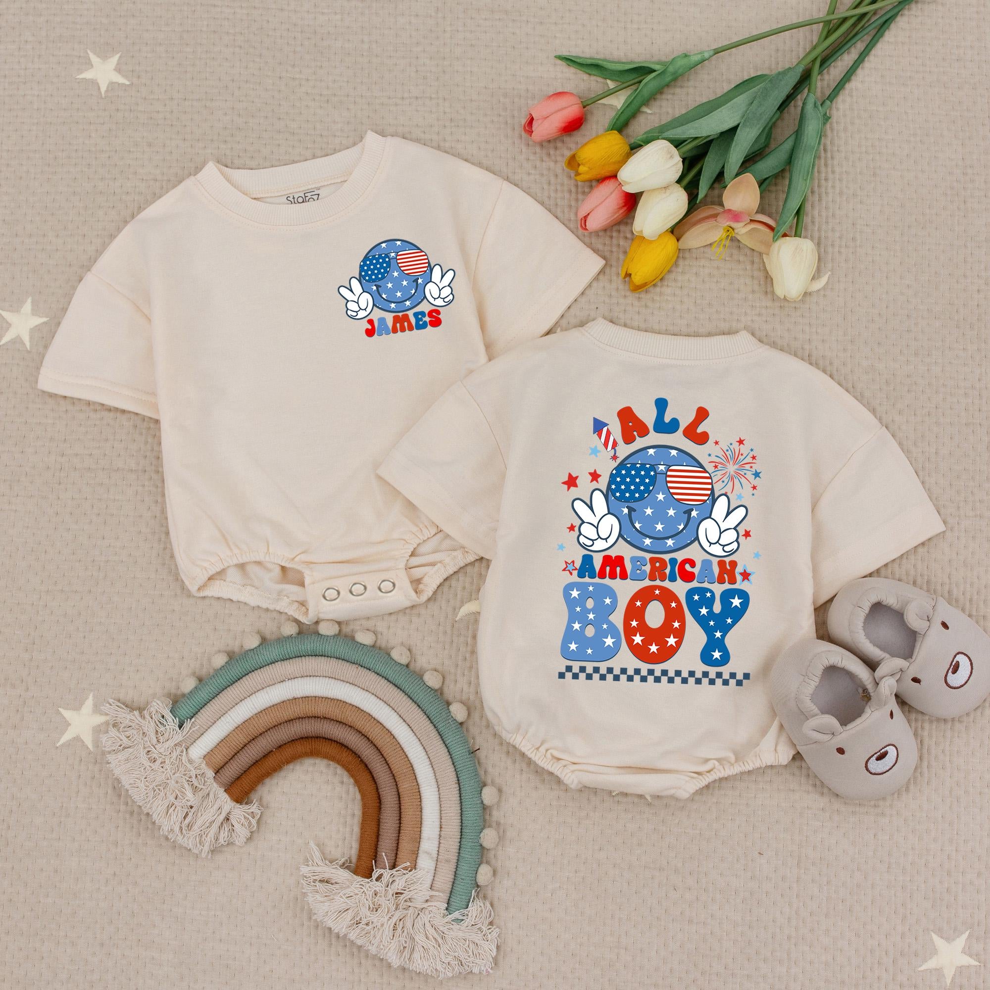 All American Boy Bubble Romper with Patriotic Graphic and Custom Name, 4th of July Baby Outfit for Photos and Celebrations
