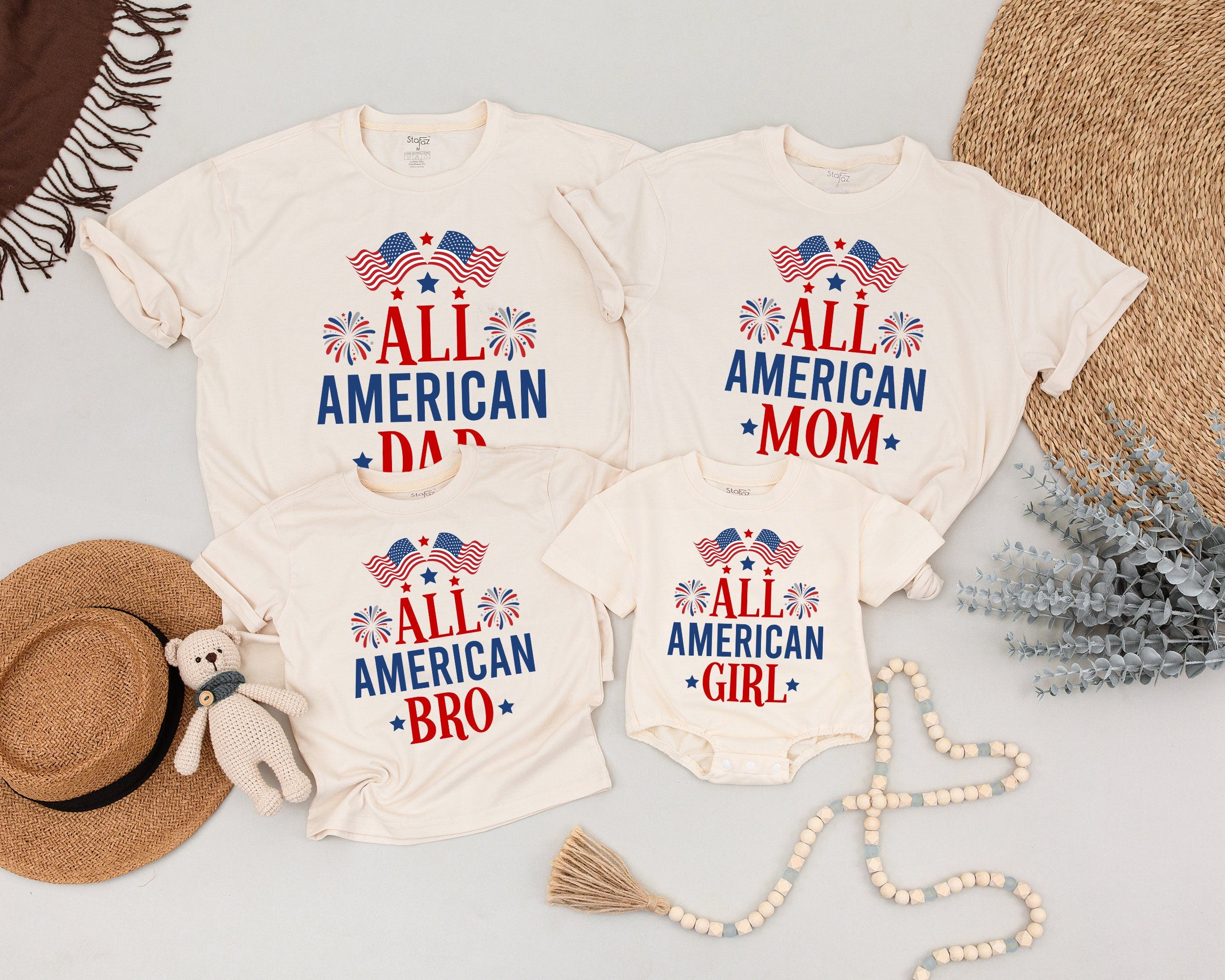 All American Family Matching Shirts with Custom Names Patriotic 4th of July Birthday Outfit Dad Baby Firework Design Soft Cotton Tees