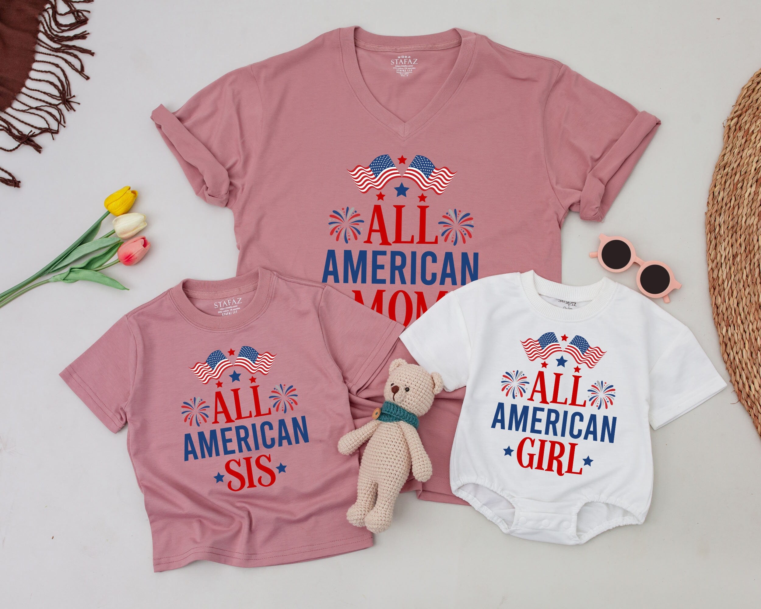 All American Family Matching Shirts with Custom Names Patriotic 4th of July Birthday Outfit Dad Baby Firework Design Soft Cotton Tees