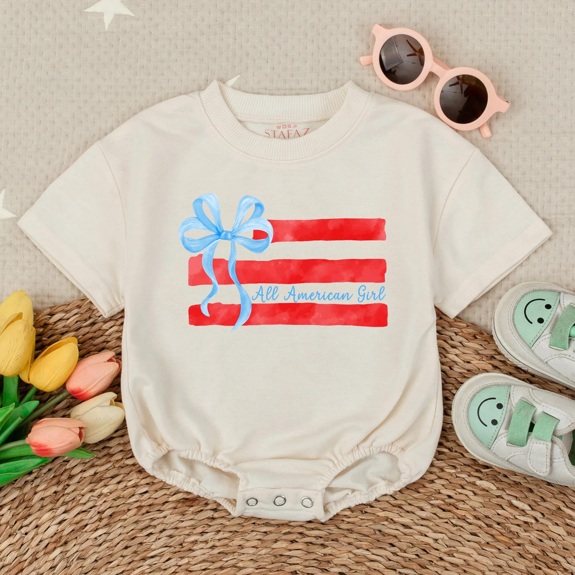 All American Girl Romper with Patriotic Flag Design Infant Toddler Outfit Soft Cotton 4th July Holiday Playful USA Baby Gift