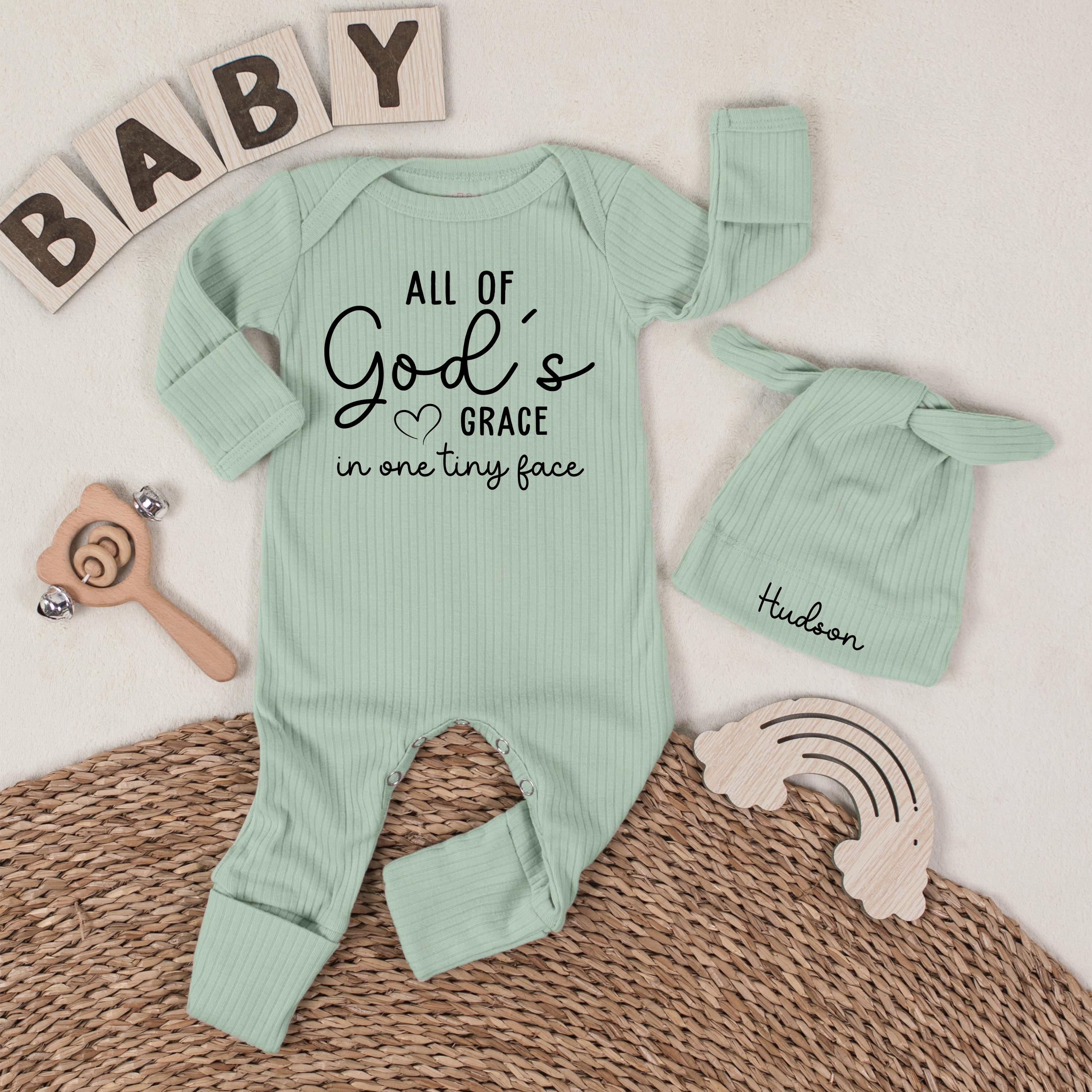 All of God's Grace Baby Bodysuit with Custom Name Hat, Christian Newborn Gift Set for Hospital Coming Home Outfit