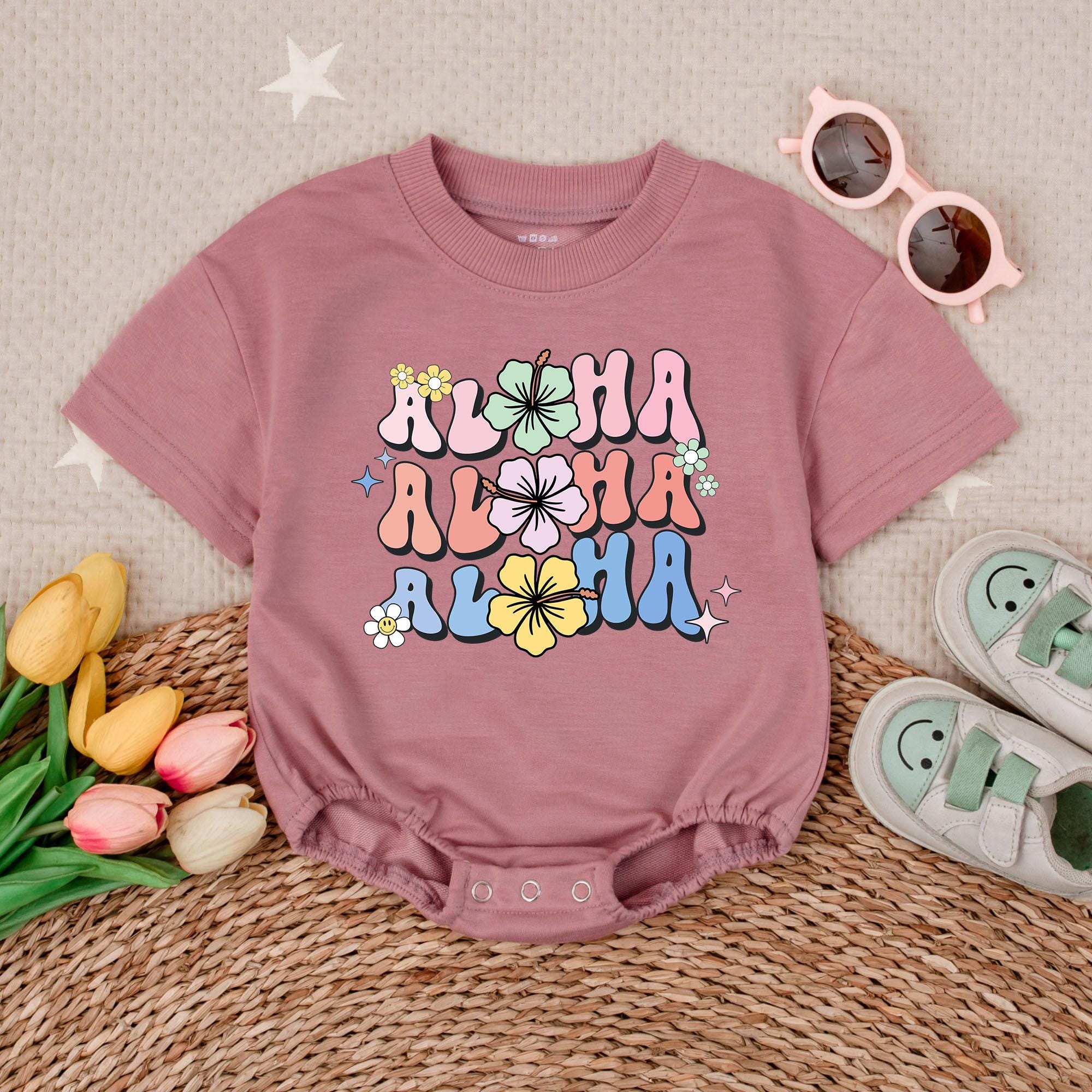 Aloha Hibiscus Flower Baby Girl Romper Vibrant Summer Outfit Hawaiian Vacation Beachwear Playful Pink Peach Blue Design