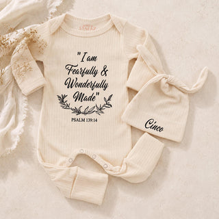 "I Am Fearfully & Wonderfully Made" Baby Bodysuit and Hat Set with Custom Name, Psalm 139:14 Christian Newborn Coming Home Outfit