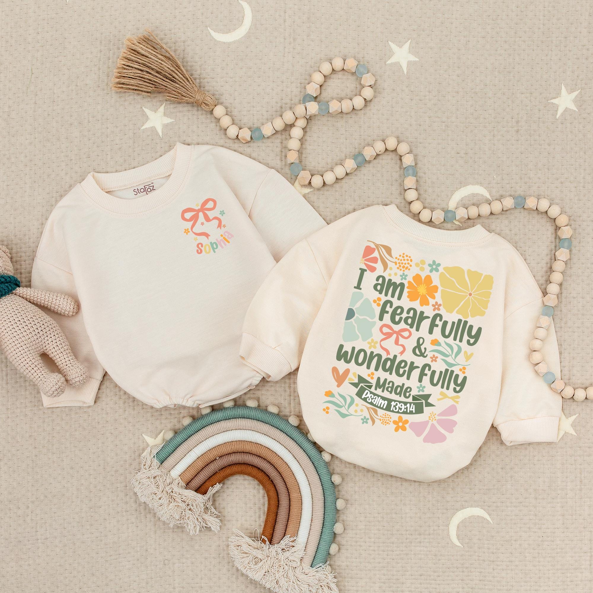 I Am Fearfully and Wonderfully Made Baby Romper with Psalm 139:14 Quote, Floral Design, Custom Name Christian Baby Shower Gift