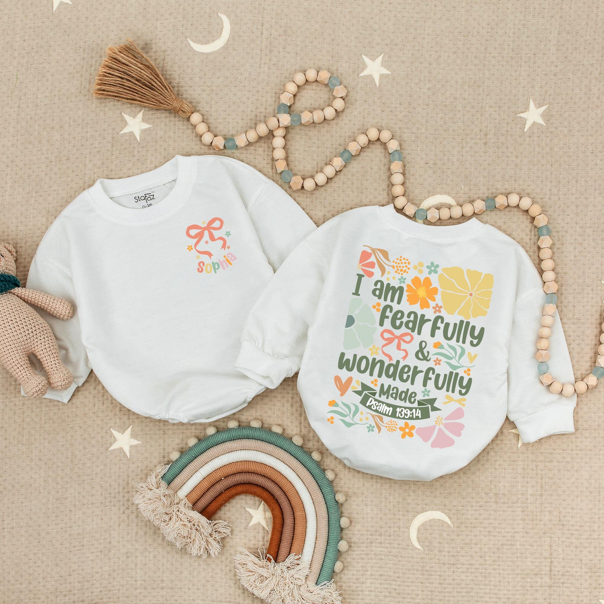 I Am Fearfully and Wonderfully Made Baby Romper with Psalm 139:14 Quote, Floral Design, Custom Name Christian Baby Shower Gift