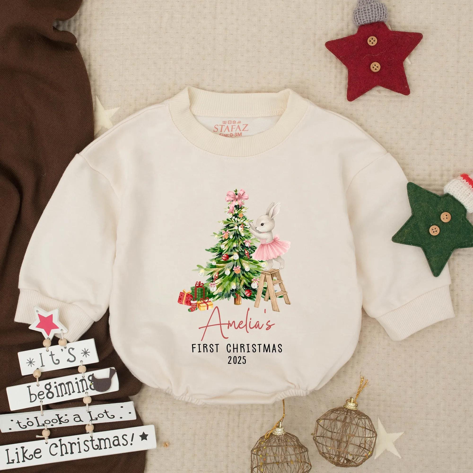 Amelia's First Christmas 2025 Baby Girl Romper with Bunny and Tree Design, Personalized Holiday Outfit for Infant or Toddler