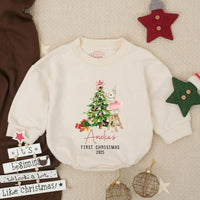 Amelia's First Christmas 2025 Baby Girl Romper with Bunny and Tree Design, Personalized Holiday Outfit for Infant or Toddler