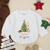 Amelia's First Christmas 2025 Baby Girl Romper with Bunny and Tree Design, Personalized Holiday Outfit for Infant or Toddler