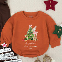 Amelia's First Christmas 2025 Baby Girl Romper with Bunny and Tree Design, Personalized Holiday Outfit for Infant or Toddler