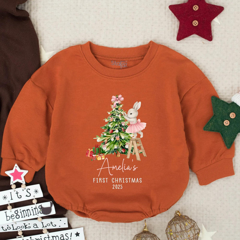 Amelia's First Christmas 2025 Baby Girl Romper with Bunny and Tree Design, Personalized Holiday Outfit for Infant or Toddler