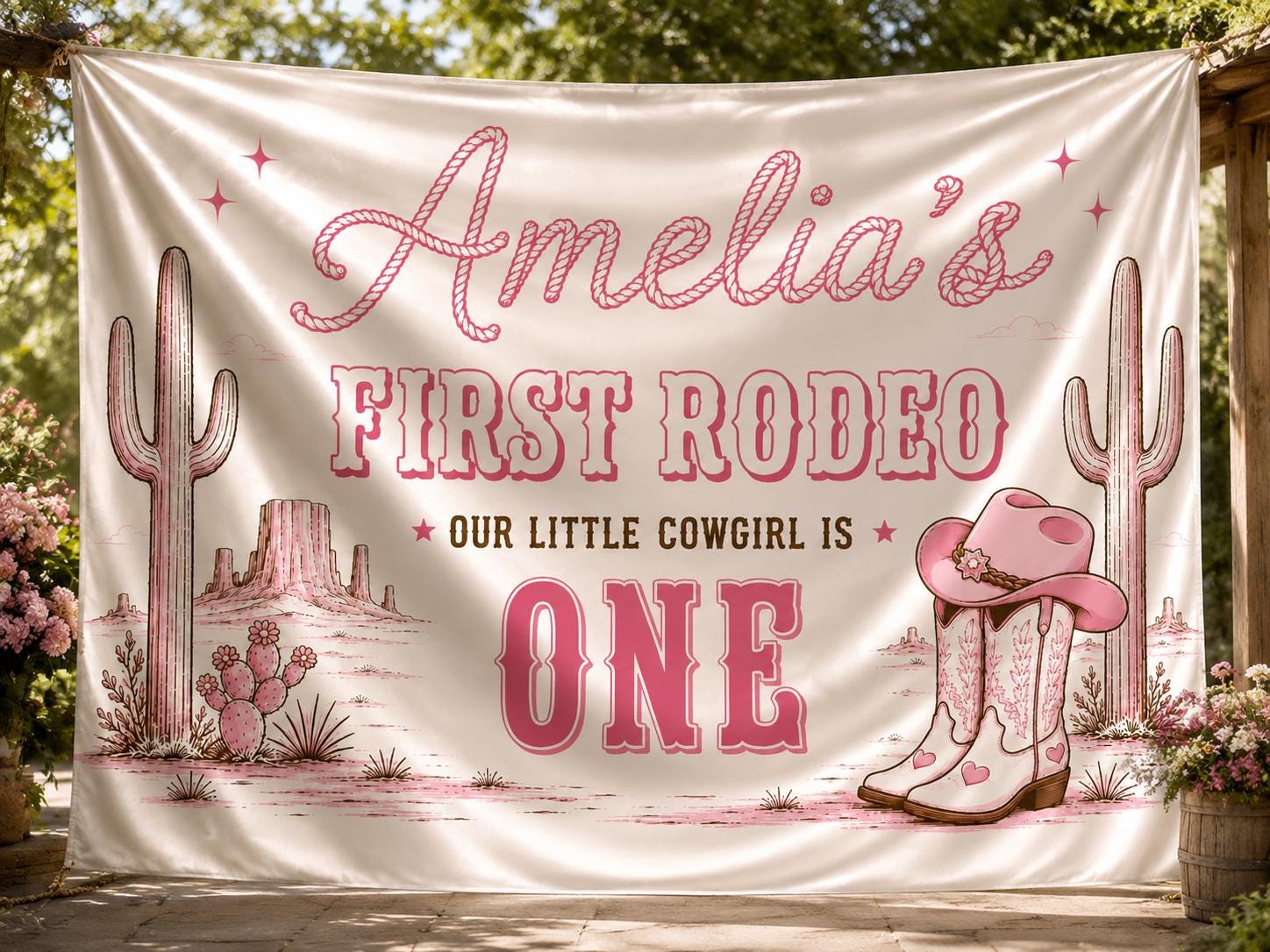 Amelia's First Rodeo Silk Banner with Western Cactus & Cowgirl Hat Design, Custom Baby Name, 1st Birthday Party Decoration