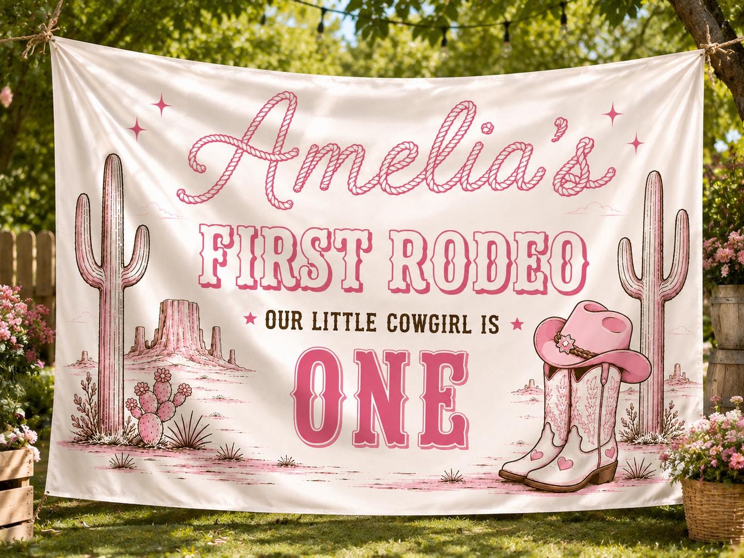 Amelia's First Rodeo Silk Banner with Western Cactus & Cowgirl Hat Design, Custom Baby Name, 1st Birthday Party Decoration