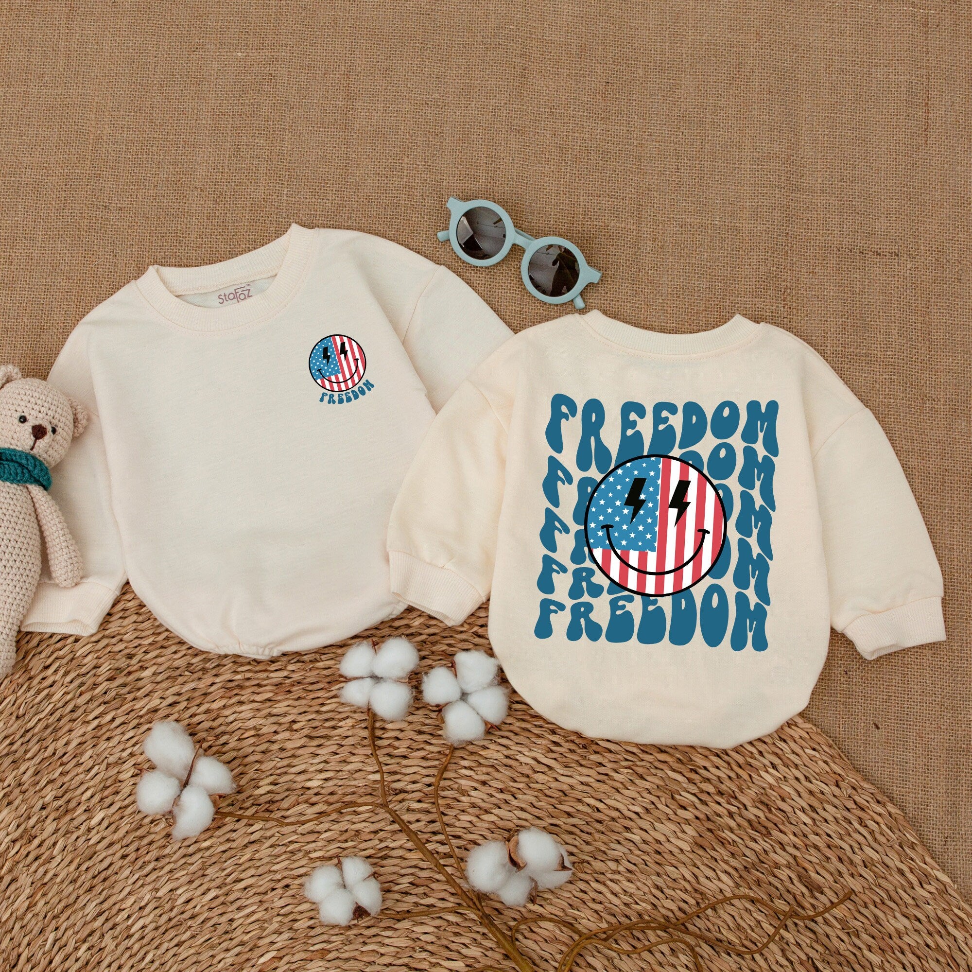 America Freedom Baby Romper Smiley Face Stars Stripes 1st 4th of July Outfit Patriotic Infant Clothes Red White Blue Design