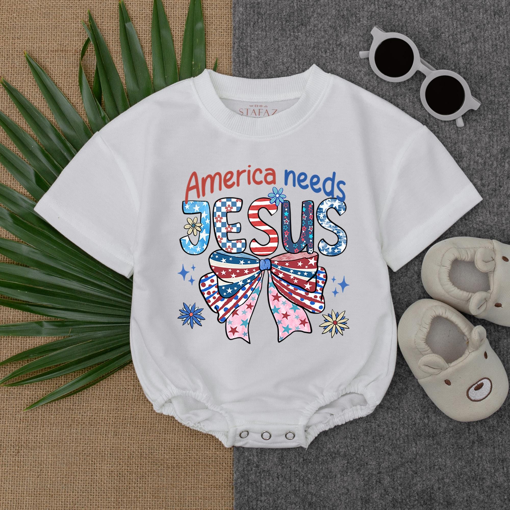 America Needs Jesus Baby Romper Patriotic Stars Stripes Bow Fourth of July Infant Outfit Soft Cotton Holiday Celebration Gift
