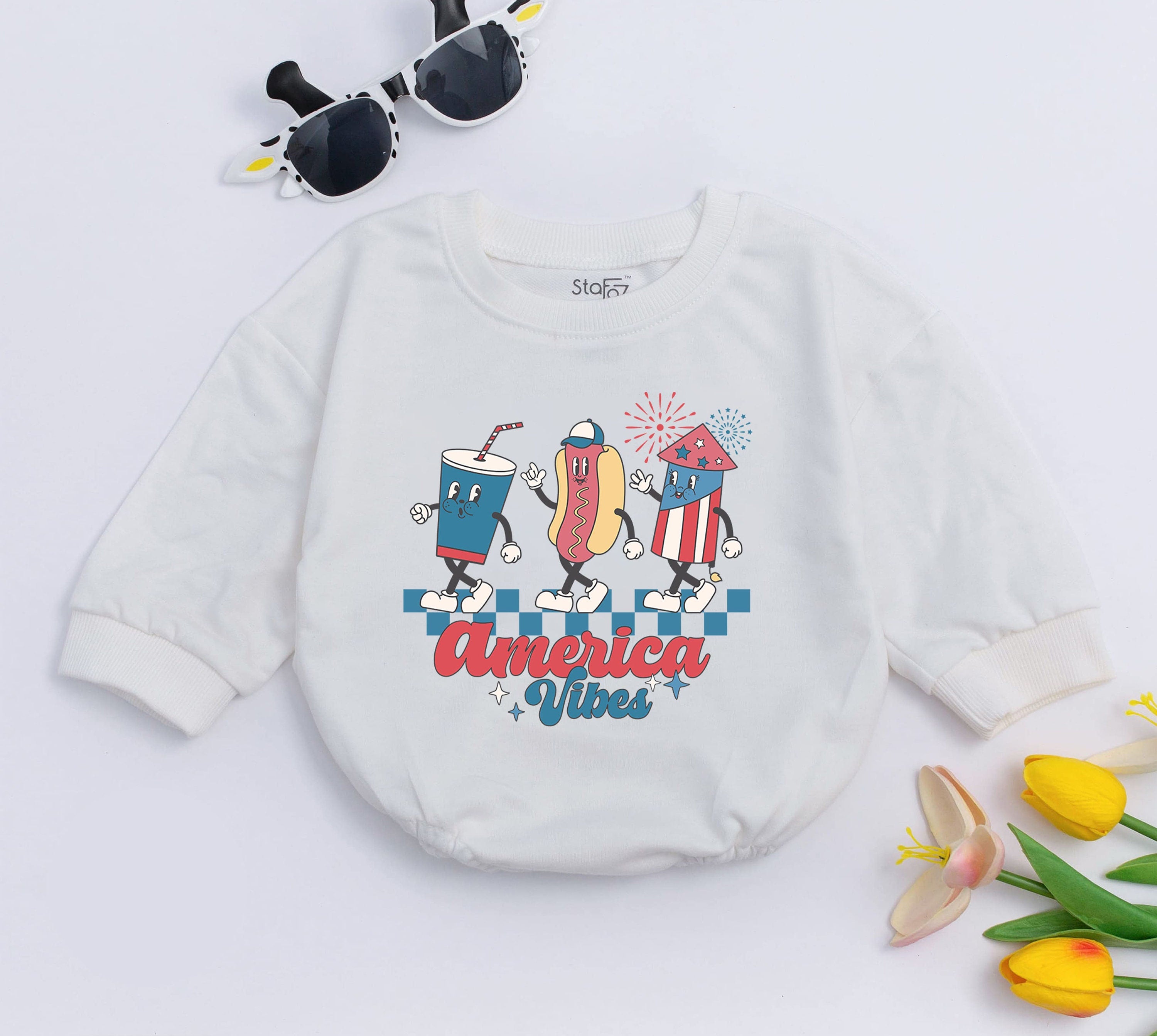 America Vibes Baby Romper Patriotic Bodysuit First 4th of July Outfit Infant Independence Day Cotton Red White Blue Characters