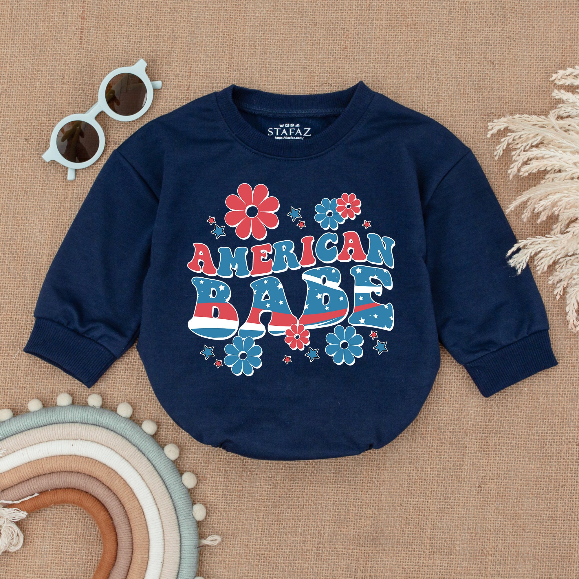 American Babe Retro Patriotic Baby Bodysuit Fourth of July Infant Romper Cute Stars Flowers Red White Blue Soft Cotton Outfit