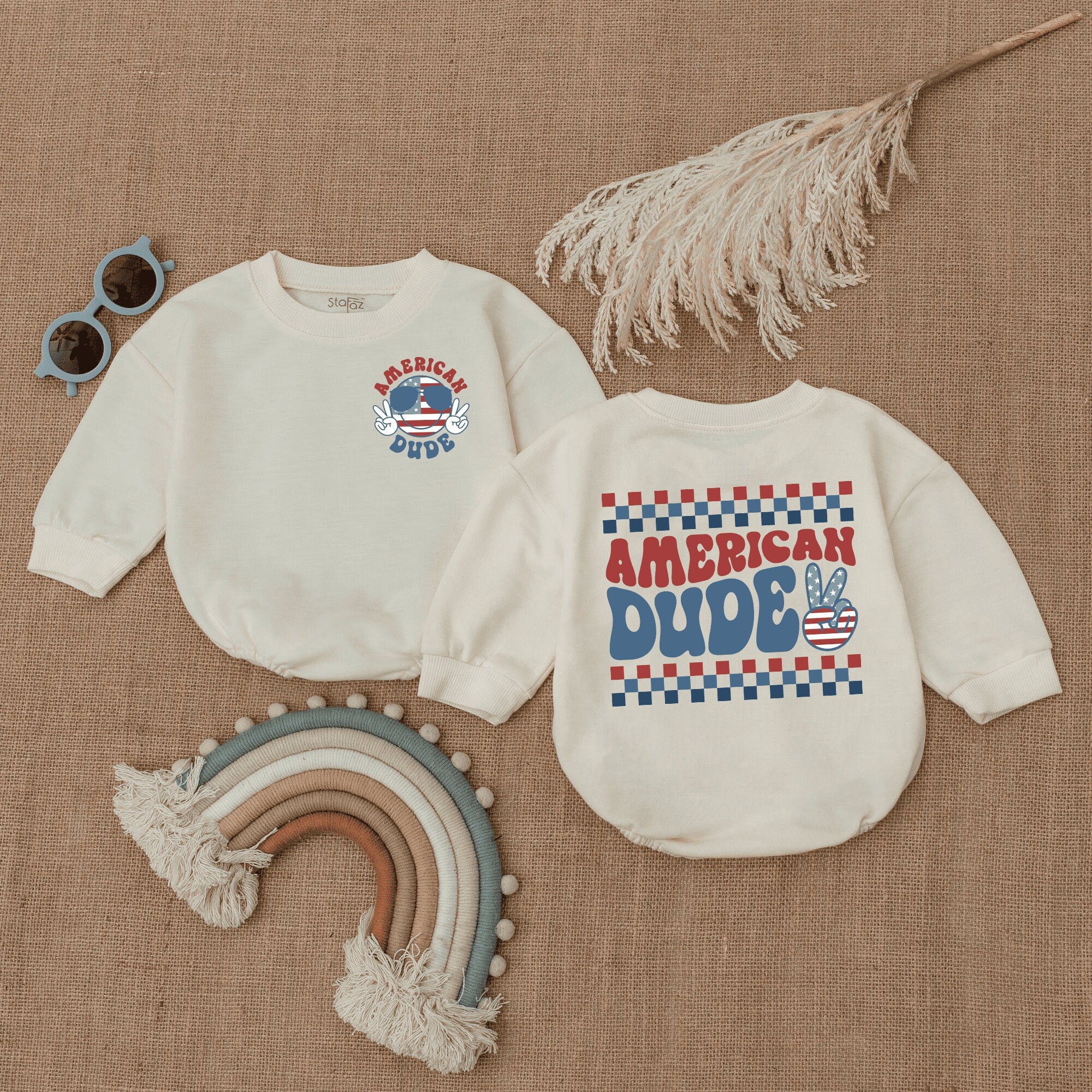 American Dude Retro Baby Romper Patriotic Eagle Design Fourth of July Outfit Fun Cartoonish Style Red White Blue Checkered Pattern