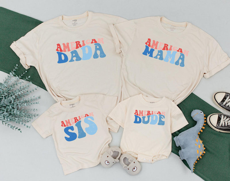 American Dude Shirt Red White Blue Matching Family 4th of July Outfit Festive Patriotic Daywear for Babies Moms Dads Sisters Brothers