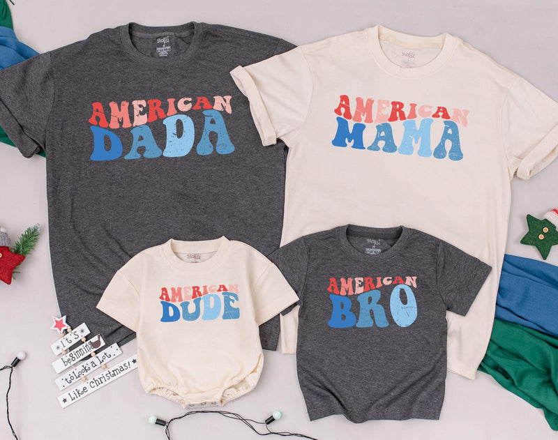 American Dude Shirt Red White Blue Matching Family 4th of July Outfit Festive Patriotic Daywear for Babies Moms Dads Sisters Brothers