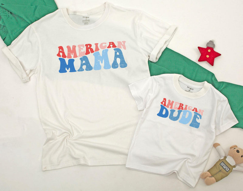 American Dude Shirt Red White Blue Matching Family 4th of July Outfit Festive Patriotic Daywear for Babies Moms Dads Sisters Brothers