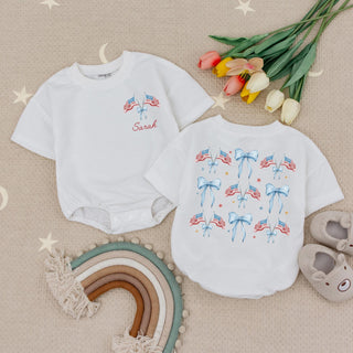 American Flag Bow Baby Romper with Custom Name, Patriotic 4th of July Outfit, Short Sleeve Infant Bodysuit for Girls