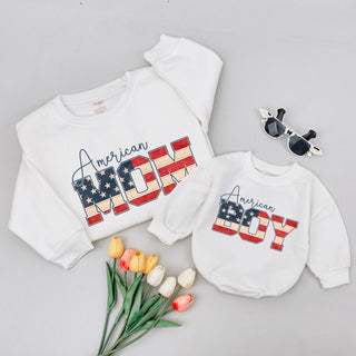 American Mom and Boy Matching Patriotic Sweatshirts, 4th of July Family Outfit with USA Flag Artwork, Holiday Gift for Kids & Adults