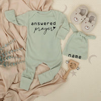 Answered Prayer Baby Bodysuit with Custom Hat Name Minimalist Newborn Outfit Soft Cotton Baby Girl or Boy Gift for Coming Home or Shower