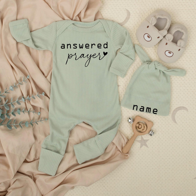 Answered Prayer Baby Bodysuit with Custom Hat Name Minimalist Newborn Outfit Soft Cotton Baby Girl or Boy Gift for Coming Home or Shower